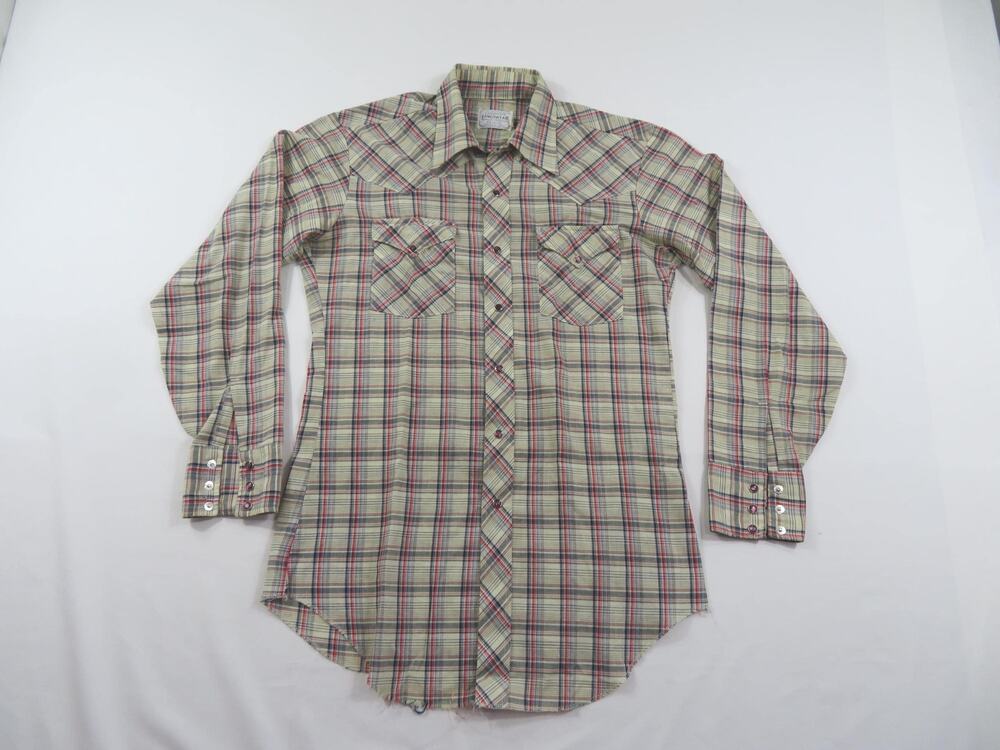 H Bar C Ranchwear Shirt Western Pearl Snap Beige Red Blue 15.5 34 1970s